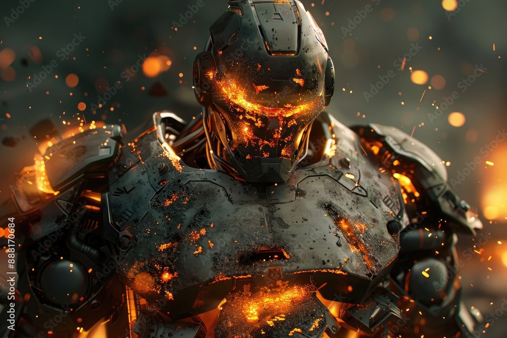 Poster a robotic entity with a fiery glow emanating from cracks in its armor, ai generated