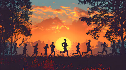 Fototapeta premium Running silhouettes. Vector illustration, Trail Running, Marathon runner