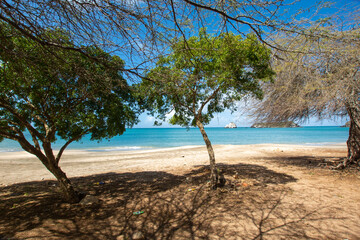 Virgin beach in the Caribbean. Turquoise blue beaches, with cliffs and vegetation