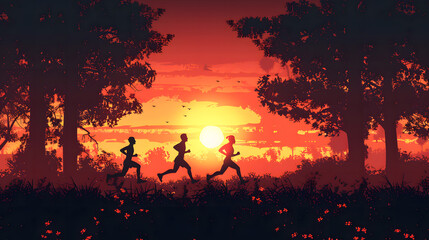 Fototapeta premium Running silhouettes. Vector illustration, Trail Running, Marathon runner