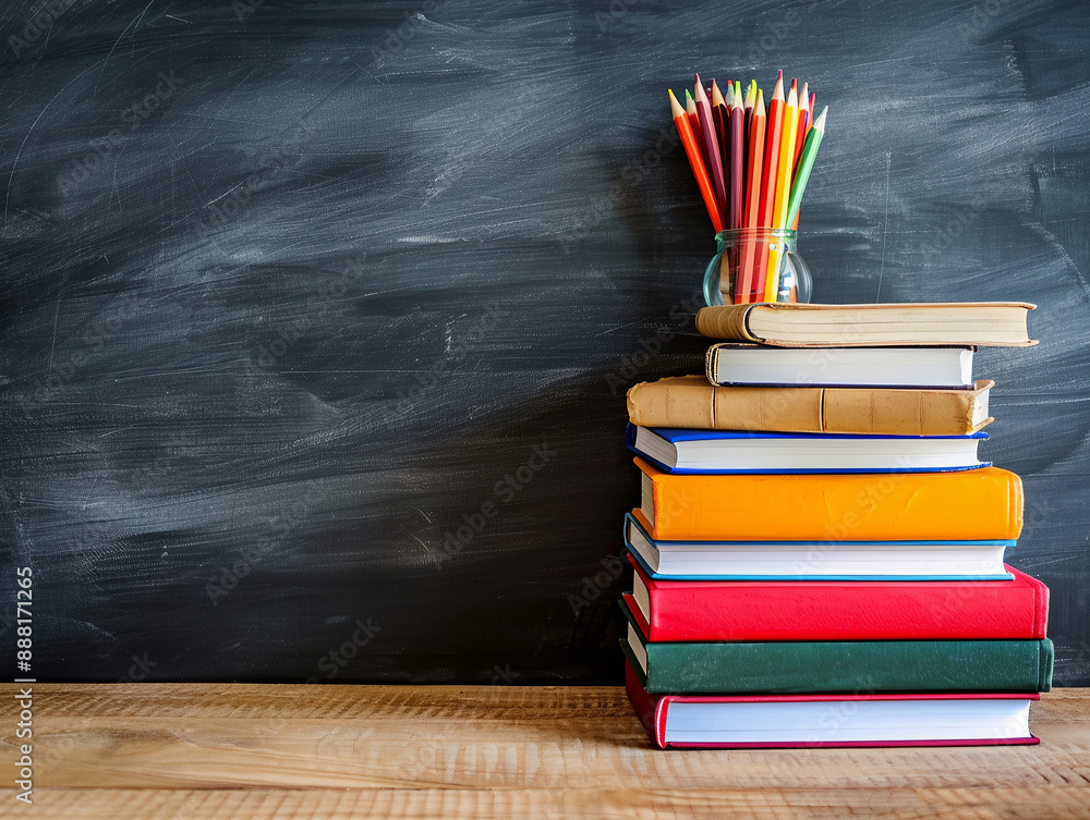 Poster a stack of books topped with a container of colorful pencils on a wooden desk, set against a dark ch