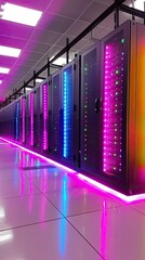 Obraz premium Digital Fortress Data Center with Rows of Servers and Blinking Lights