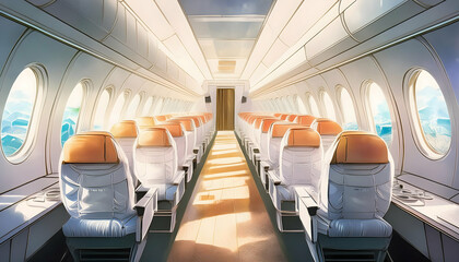 Obraz premium Interior of airplane with passengers on seats, reflect the diversity and complexity on digital art concept, Generative AI.