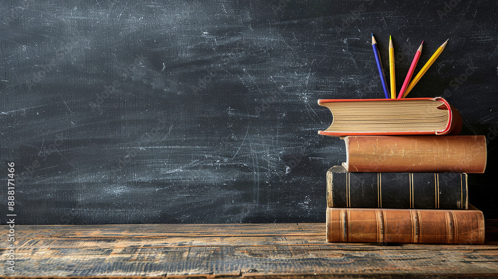 Poster a stack of books topped with pencils, placed on a wooden desk in a classroom with a black chalkboard