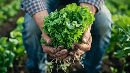 Fototapeta premium A man is holding a bunch of lettuce in his hands