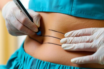 close-up photo of a surgeon's hand using a marker to draw lines on a woman's abdomen and legs before a liposuction procedure.