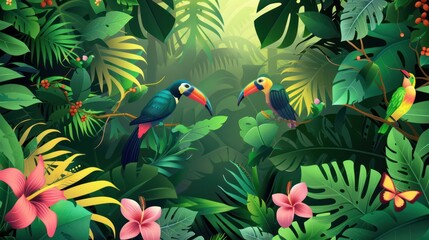 A minimalist lush green jungle featuring exotic flowers and various birds