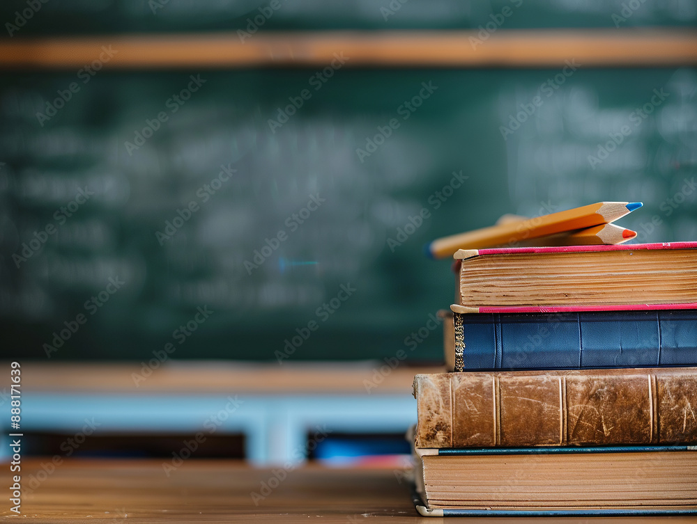 Poster a stack of books topped with pencils, placed on a wooden desk in a classroom with a green chalkboard