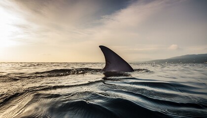 A shark's fin sticks out of the sea. Danger sign
