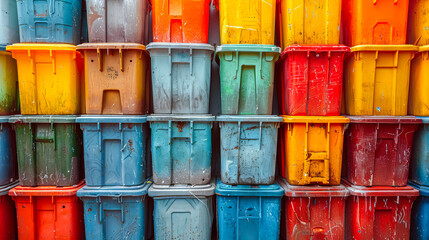 Colorful stack of plastic storage containers showing wear and tear, highlighting the durability and variety of plastic raw materials used in everyday items.