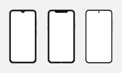 Set of Smartphone Screens, Mobile Phone Template, Front View, Frame, Black, Minimalism, Mockup, Isolated,  Vector Illustration