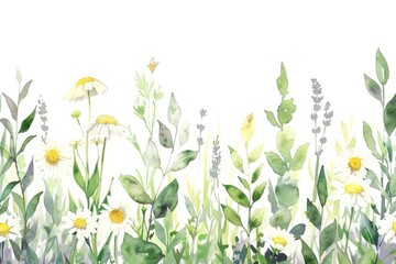 Romantic watercolor border featuring wildflowers including daisies and lavender with various green leaves