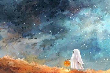 Halloween watercolor card featuring a playful ghost holding a pumpkin lantern with a starry sky background