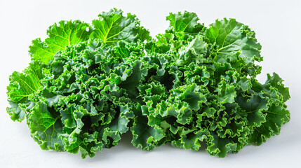 Fresh green kale leaves isolated on a white background, perfect for healthy eating and vegan recipes.