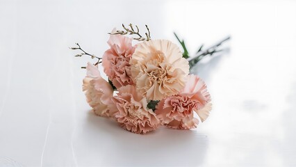 Modest bouquet of flowers on the white background symbol of love pink or beije carnations and small decoration branch