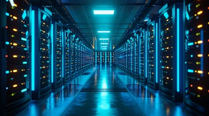 A modern data center with rows of server racks illuminated by blue LED lights, representing cloud storage and cloud computing capabilities