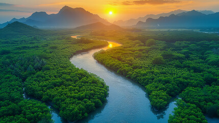 Aerial view of a serene river winding through lush green forests and majestic mountains at sunset, showcasing the beauty of nature.