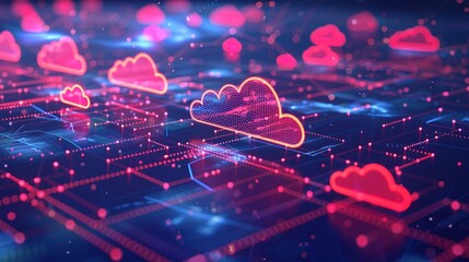 An abstract illustration of interconnected cloud servers and data streams, highlighting the concept of cloud computing and seamless data transfer between devices