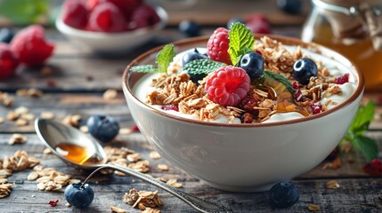 A close-up shot of a bowl filled with creamy yogurt topped with fresh berries, honey, and granola, set on a rustic wooden table with a spoon beside it