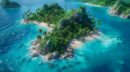 Aerial view of a pristine tropical island with lush palm trees and turquoise waters, showcasing an idyllic and secluded paradise.