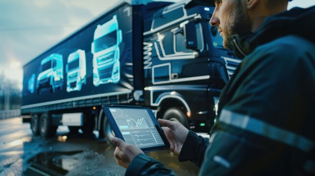 Specialist using a tablet to control and optimize the routes of a fleet of trucks