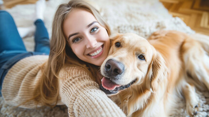 Smiling woman with blond hair snuggling to furry friend and taking selfie on modern cell phone. Obedient golden retriever lying on floor near delighted female owner.