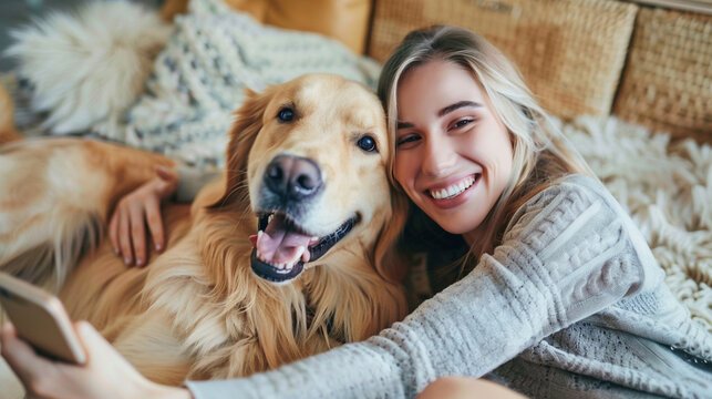 Smiling woman with blond hair snuggling to furry friend and taking selfie on modern cell phone. Obedient golden retriever lying on floor near delighted female owner. Saving memories with pet - Powered by Adobe