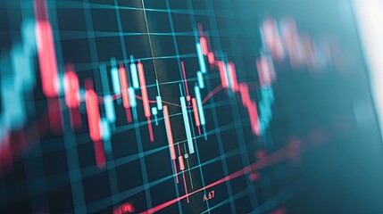 Close-up of a digital stock market chart with blue and red graph lines showing financial data trends and analysis in high detail.