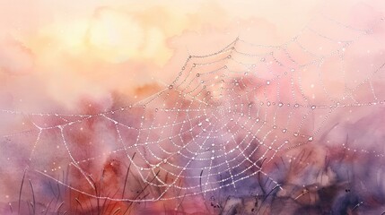 Beautiful spider web with morning dew in a dreamy, misty garden setting during sunrise, capturing the ethereal beauty of nature.