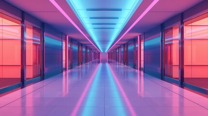 Fototapeta premium Futuristic hallway with neon lights, vibrant pink and blue colors reflecting off walls and floor, creating a modern and sci-fi atmosphere.