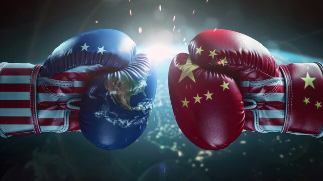 The earth is in the center of two boxing gloves with American and Chinese flags