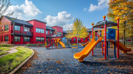A vibrant and colorful playground situated in front of a beautiful red building with arches and a tower, surrounded by lush greenery and trees under a bright blue sky.