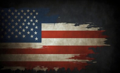 A distressed USA American flag with a grunge texture, set against a deep black background, ink splattered, vintage brush paint, evoking a bold, rebellious spirit, lay flat, illustration 