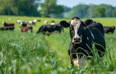 Dairy cows grazing in a lush green pasture on a sunny day