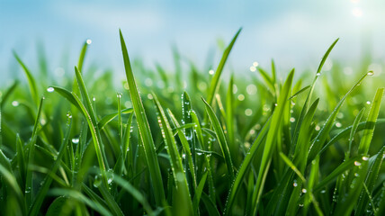 Fototapeta premium Fresh green grass with morning dew drops in sunlight
