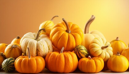 Background graphic resource of a pile of different sized pumpkins in front of an orange warm toned background; fall, autumn, banner greeting