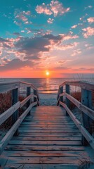 Fototapeta premium Classic boardwalk at sunset, pastel skies, carefree vibes, nostalgia-inducing, seaside serenity.
