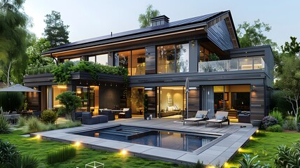 Solar panels on the roof of a beautiful modern home,villa,technology, energy, green energy, electricity, alternative energy
