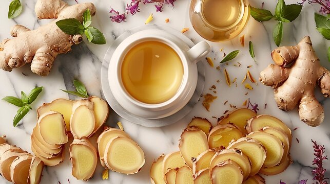 A detailed shot of sliced ginger and galangal roots alongside a teapot and cup filled with herbal tea, with fresh ingredients scattered around on a marble surface