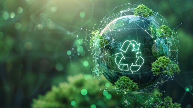 Virtual globe with circular economy icons on natural. background, Circular economy is sustainable business development in the future by use AI generative technique.