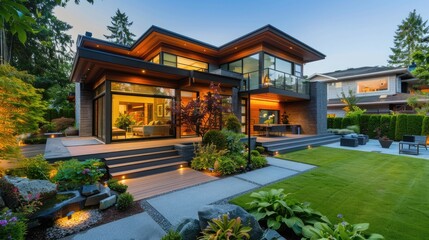 Obraz premium Modern home exterior with landscaped garden
