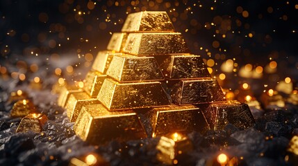 A scene of multiple gold bars arranged in a pyramid formation, glowing and sparkling on a black background, symbolizing wealth and prosperity