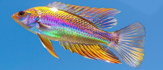 Fototapeta premium Colorful tropical fish with vibrant rainbow scales swimming in clear blue water, showcasing nature's beauty and aquatic life.