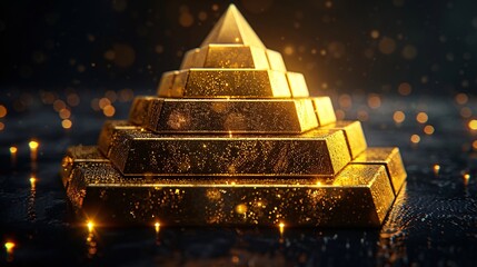 A scene of multiple gold bars arranged in a pyramid formation, glowing and sparkling on a black background, symbolizing wealth and prosperity