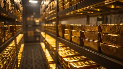 A detailed image of gold bars stored in heavy-duty shelves within an underground vault, with a secure door and surveillance cameras visible in the background