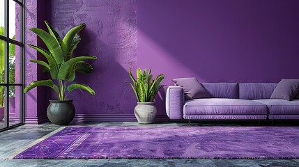  A cozy living space featuring a plush purple couch, flanked by lush green potted plants, against a vibrant purple wall and rug