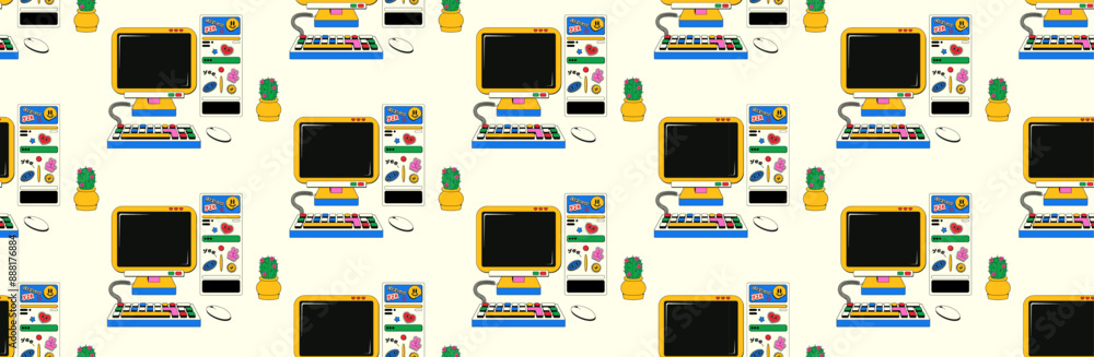 Poster seamless pattern with retro desktop computer with 90s-00s aesthetics. vector background with a vinta