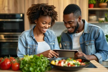 Young African American couple cooking together in their home kitchen, using an electronic tablet to follow a healthy recipe. The couple looks happy and