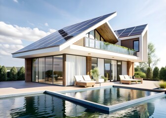 Fototapeta premium Solar panels on the roof of a beautiful modern home,villa,technology, energy, green energy, electricity, alternative energy