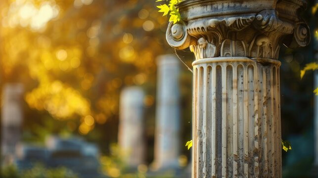 Ancient column ruins with blurred background and space for text